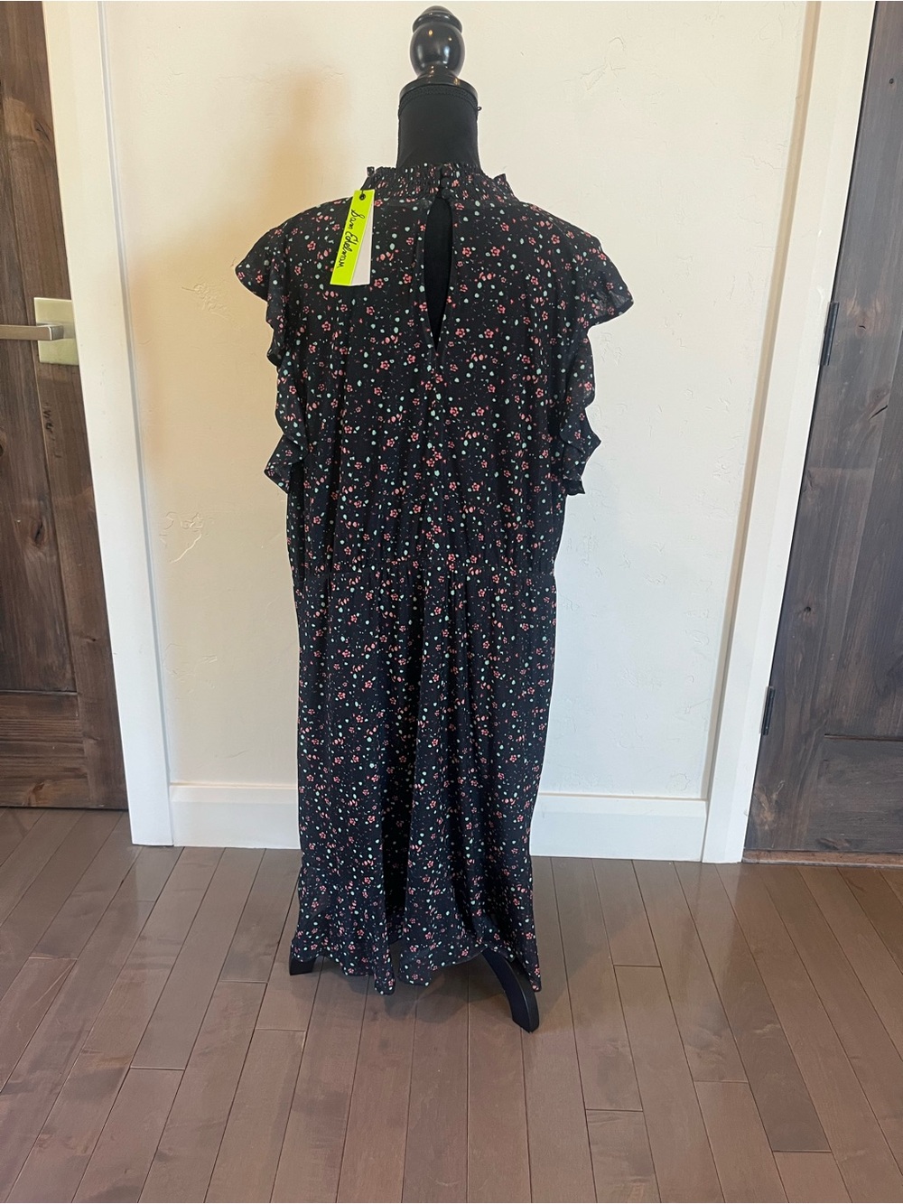 Sam Edelman Black Floral Midi Dress with Ruffle Sleeves 2X NWT - Picture 2 of 5